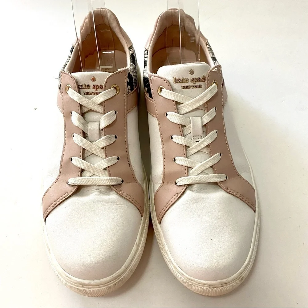 Kate Spade NY Dash White Pink Leather Sneaker Size 8.5 Snakeskin Panels Low Top